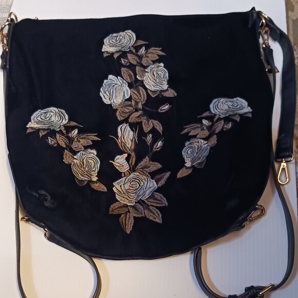 Urban Expressions Blk Velvet Embrodered Convertible Bag - Picture 2 of 6